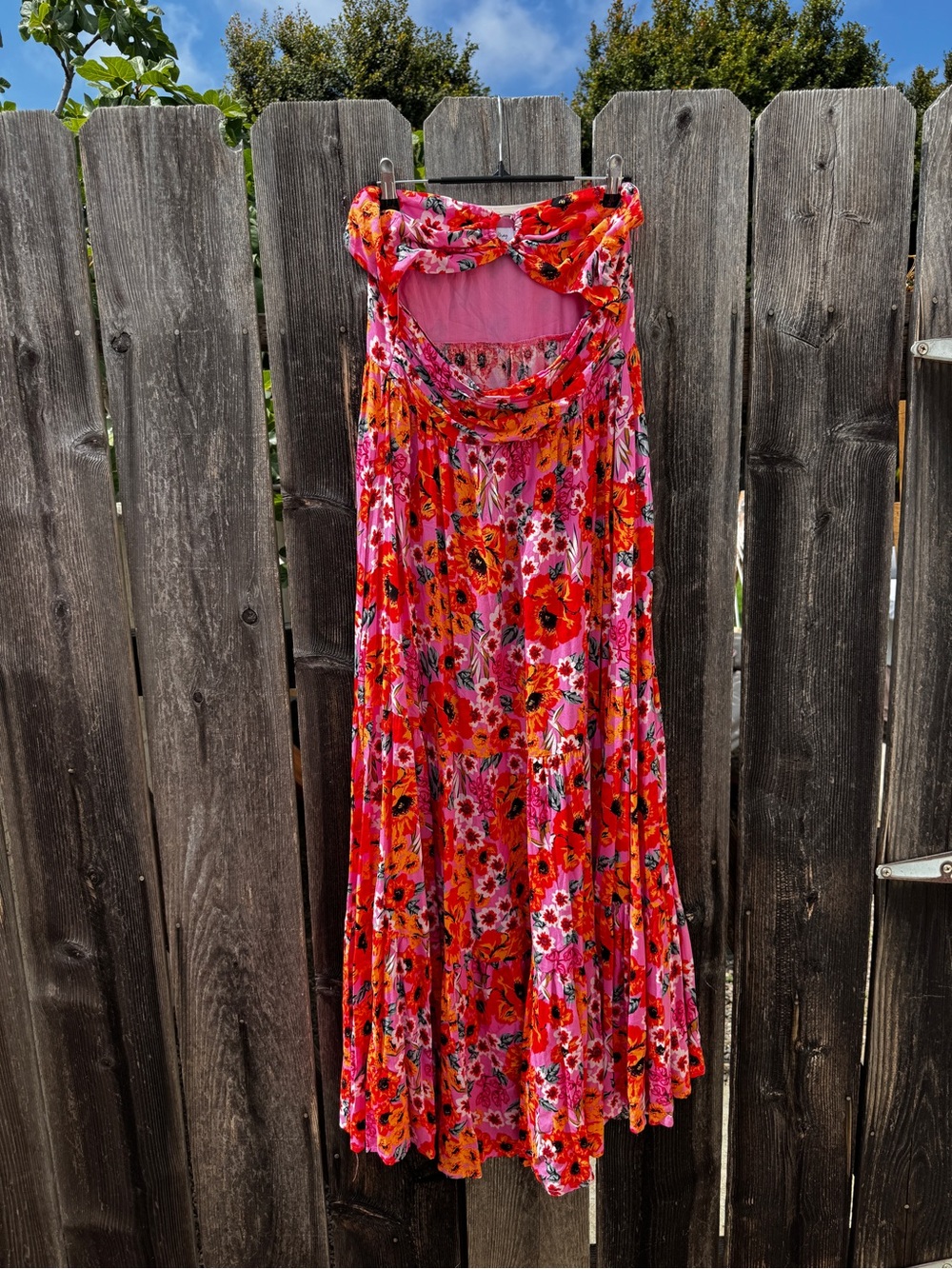 Bright Pink & Orange Floral Strapless Maxi Dress